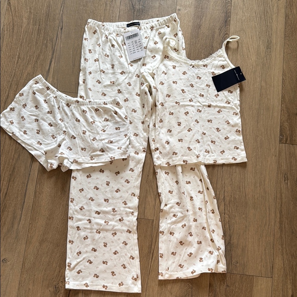 NWT Brandy Melville Women’s Cream Bear Print Pajama Set - Tank, Pants & Shorts
